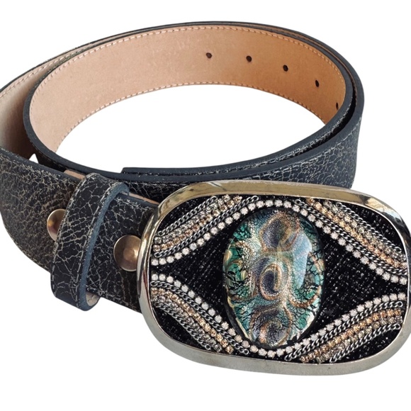 Leatherock Black Crackle Leather Belt Embellished Oval Buckle main image 9